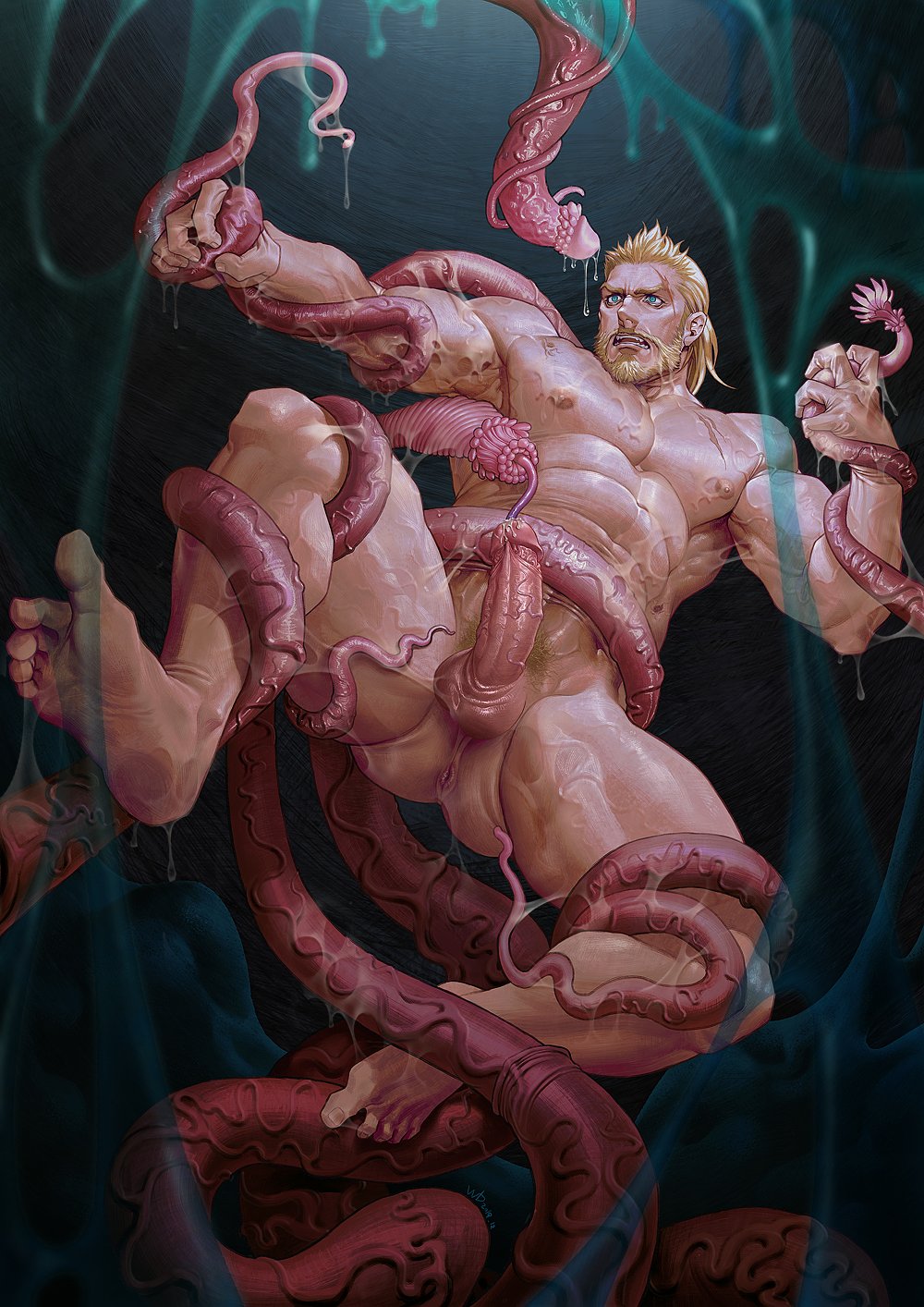 1boy abs anus bara beard biceps blonde_hair blue_eyes bound bound_arms bound_legs clenched_teeth commentary_request commission completely_nude facial_hair feet highres large_pectorals male_focus male_pubic_hair mature_male muscular muscular_male nipples nude original pectorals penis penis_tentacles pubic_hair saolin_(wudangx) scar scar_on_face scar_on_forehead short_hair sideburns slime_(substance) solo stomach teeth tentacles tentacles_on_male testicles thick_thighs thighs uncensored urethral_insertion veins veiny_penis