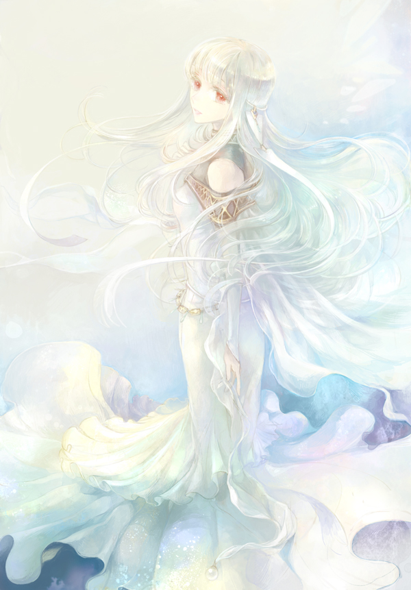 1girl :d detached_sleeves dress fire_emblem fire_emblem:_the_blazing_blade floating_hair from_side kuzumosu long_dress long_hair long_sleeves ninian_(fire_emblem) red_eyes silver_hair sleeveless sleeveless_dress smile solo standing very_long_hair white_dress white_sleeves
