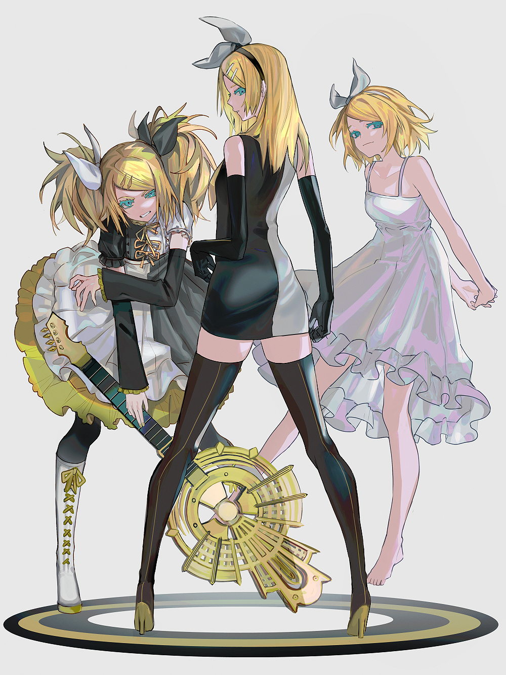 3girls aqua_eyes arms_behind_back bangs bare_shoulders barefoot bass_guitar black_gloves black_legwear blonde_hair boots commentary cross-laced_footwear daenarys detached_sleeves dress elbow_gloves gloves grin hair_ornament hairband hairclip high_heel_boots high_heels highres instrument kagamine_rin kagamine_rin_(roshin_yuukai) kagamine_rin_(roshin_yuukai/hard_rkmix) knee_boots lace-up_boots long_hair looking_at_viewer multiple_girls multiple_persona roshin_yuukai_(vocaloid) short_hair sleeveless sleeveless_dress smile thigh_boots thighhighs twintails vocaloid white_dress zettai_ryouiki