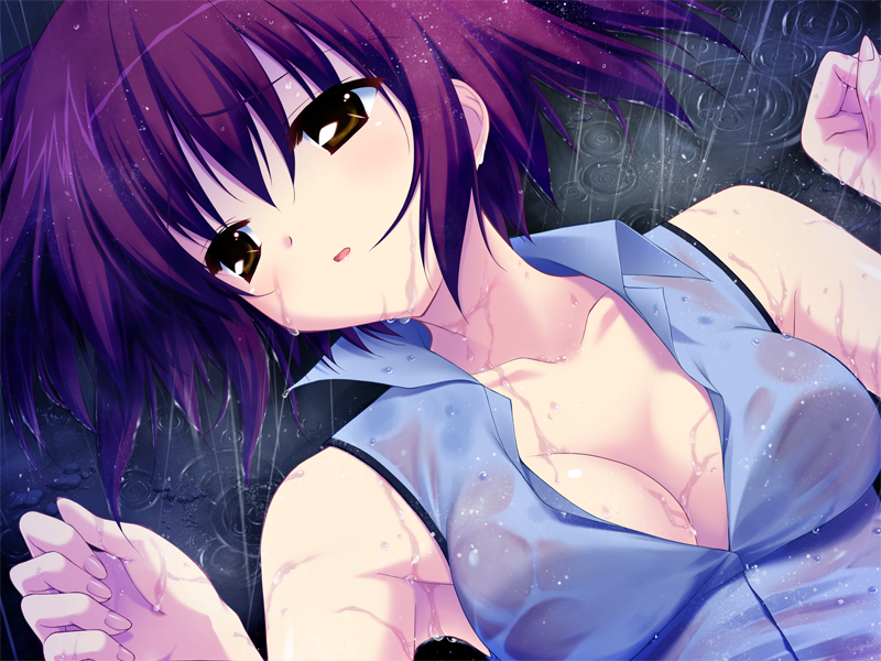 1girl bangs blue_shirt breasts brown_eyes cleavage collarbone collared_shirt eyebrows_visible_through_hair fumio_(ura_fmo) game_cg hair_between_eyes hoshiuta kuroda_yui looking_away lying official_art on_back open_mouth outdoors rain red_hair shirt short_hair sleeveless sleeveless_shirt small_breasts solo upper_body wet wet_clothes wet_shirt wing_collar