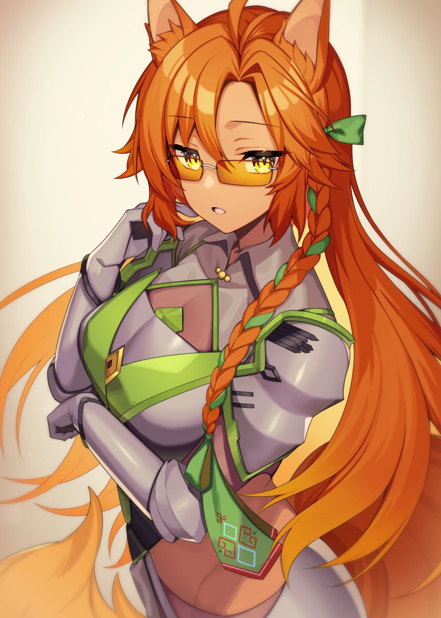 1girl ahoge animal_ears braid breasts brown_background cleavage commentary_request commission eyebrows_visible_through_hair glasses gradient gradient_background green_hair green_ribbon hair_ribbon highres kinsenka_momi long_hair looking_at_viewer looking_over_eyewear medium_breasts multicolored_hair orange-tinted_eyewear orange_hair original ribbon single_braid skeb_commission slit_pupils solo sunglasses tail tinted_eyewear two-tone_hair yellow_eyes