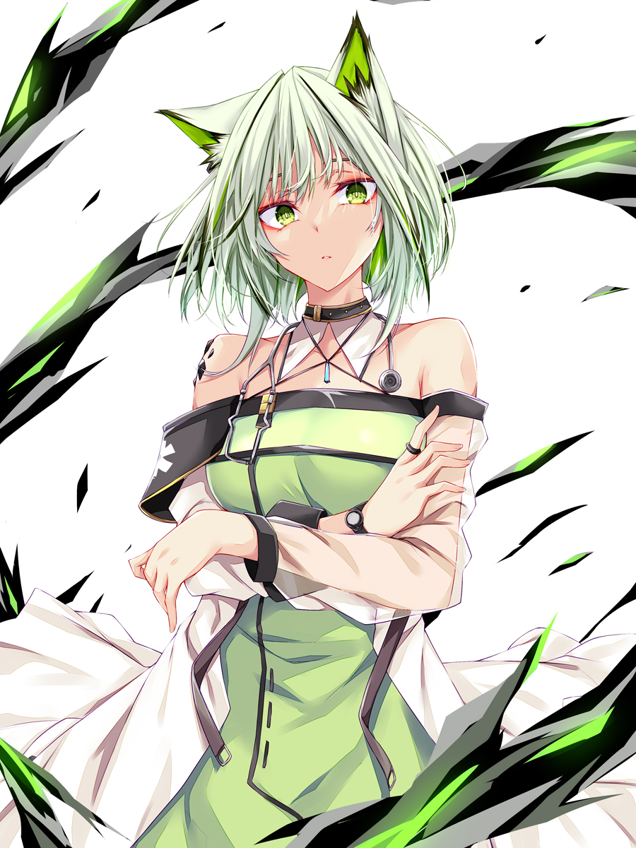 1girl animal_ear_fluff animal_ears arknights bangs cat_ears cat_girl closed_mouth crossed_arms dress green_dress green_eyes green_hair highres kal'tsit_(arknights) looking_at_viewer mon3tr_(arknights) off-shoulder_dress off_shoulder oripathy_lesion_(arknights) short_hair solo suterii