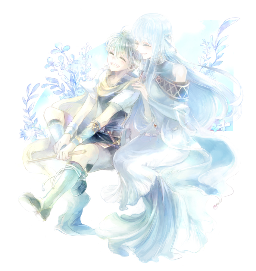 1boy 1girl ^_^ blush brother_and_sister closed_eyes dress fire_emblem fire_emblem:_the_blazing_blade floating_hair full_body grey_shorts grin hand_on_another's_shoulder holding invisible_chair kuzumosu long_dress long_hair nils_(fire_emblem) ninian_(fire_emblem) shirt short_shorts short_sleeves shorts siblings silver_hair sitting sleeveless sleeveless_dress smile very_long_hair white_dress white_shirt