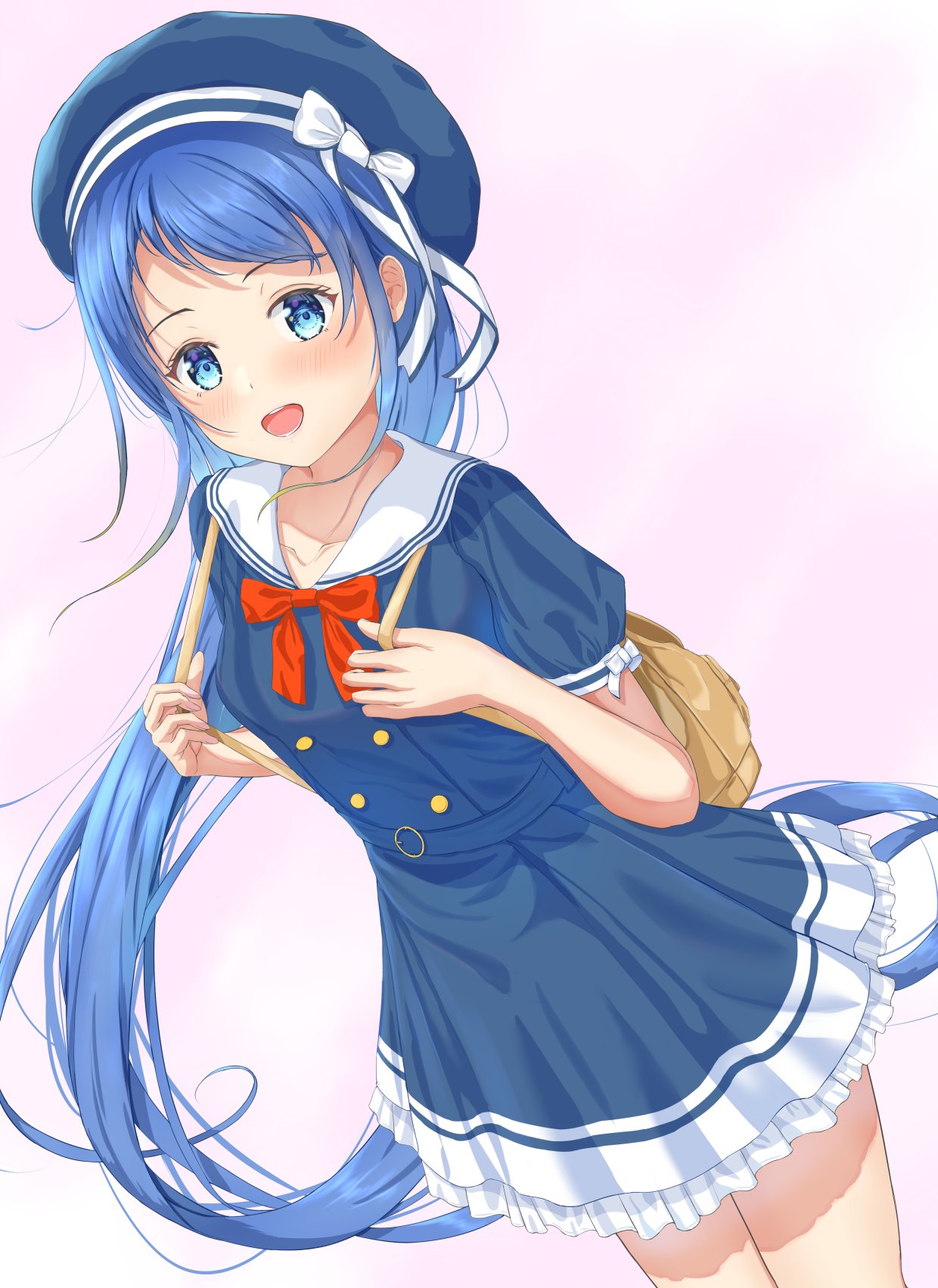 1girl alternate_costume aomi_one backpack bag bangs blue_dress blue_eyes blue_hair blue_headwear commentary_request cowboy_shot dress gradient_hair hat highres kantai_collection long_hair looking_at_viewer multicolored_hair open_mouth sailor_collar sailor_dress sailor_hat samidare_(kancolle) solo standing swept_bangs very_long_hair white_sailor_collar