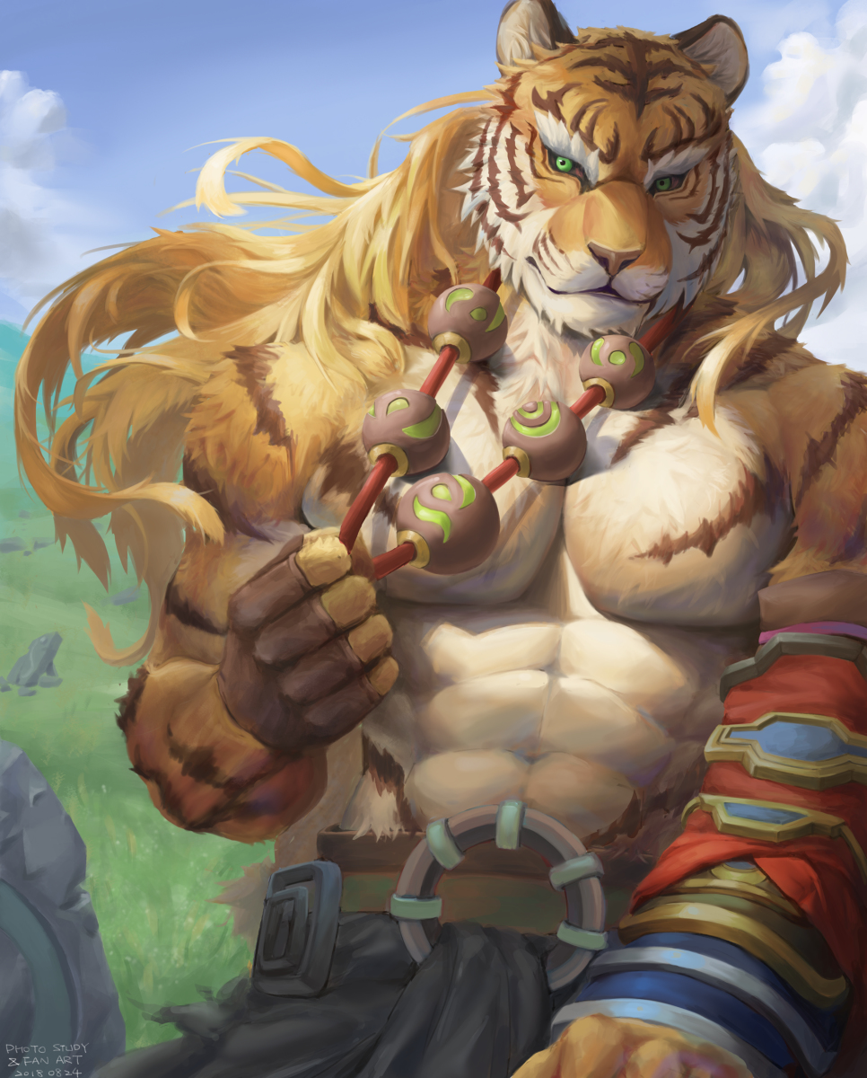 1boy abs animal_ears artist_request bad_id bad_pixiv_id bara bead_necklace beads beige_fur black_sclera check_artist colored_sclera feet_out_of_frame furry furry_male green_eyes highres jewelry long_hair male_focus muscular muscular_male necklace no_nipples orange_fur pang_(sdorica) polarcorazon sdorica solo stomach thick_eyebrows tiger_boy tiger_ears topless_male two-tone_fur