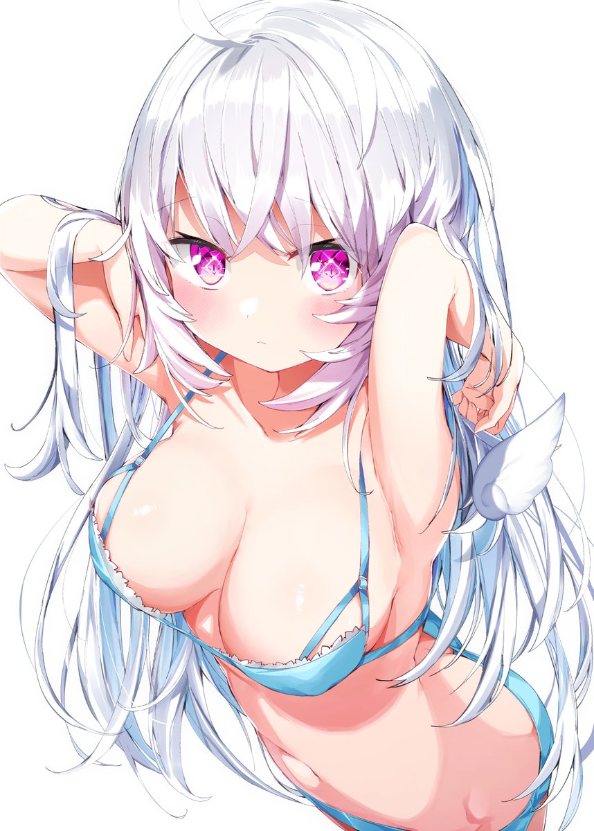 1girl bangs blue_bra blue_hair blue_panties bra commentary_request detached_wings eyebrows_visible_through_hair from_above hair_between_eyes hands_in_hair hands_up highres kamioka_shun'ya long_hair looking_at_viewer looking_up mini_wings original panties purple_eyes shiori_(kamioka_shun'ya) simple_background solo underwear underwear_only very_long_hair white_background white_hair white_wings wings