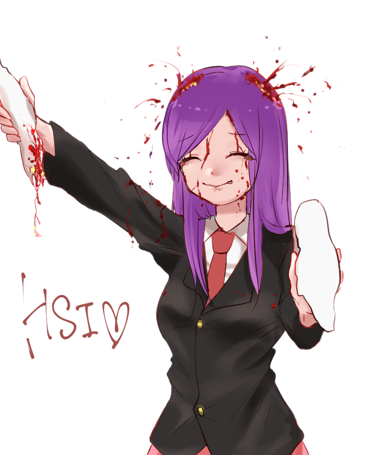 1girl animal_ears bangs blazer bleeding blood blood_on_clothes blood_on_face blood_on_hands blood_spray breasts character_name closed_eyes collared_shirt commentary_request cookie_(touhou) cowboy_shot dare_who_zzzz eyebrows_visible_through_hair forced_smile guro heart hisui_(cookie) holding_ears injury jacket long_hair long_sleeves medium_breasts necktie pink_skirt purple_hair rabbit_ears red_necktie reisen_udongein_inaba ryona self-mutilation shirt simple_background skirt smile solo swept_bangs tearing_up touhou upper_body white_background white_shirt