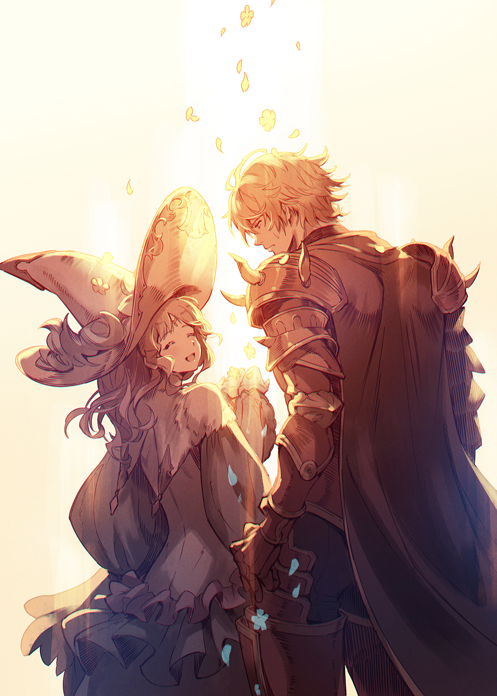 1boy 1girl armor cape capelet closed_eyes commentary_request cowboy_shot cupping_hands dress frilled_dress frills from_behind gauntlets gawain_(granblue_fantasy) granblue_fantasy hands_up hat highres lennah long_hair looking_at_another open_mouth pauldrons petals short_hair shoulder_armor sweatdrop witch_hat zinnkousai3850
