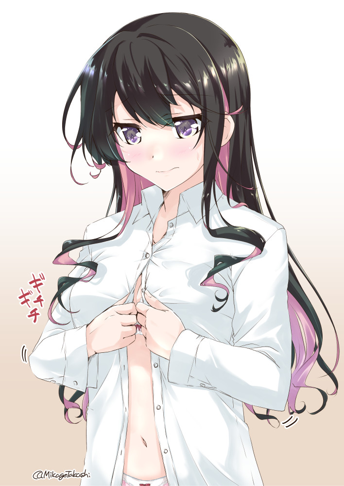 1girl black_hair blush bra breasts brown_background cleavage closed_mouth commentary_request cowboy_shot dress_shirt dressing eyebrows_visible_through_hair gradient gradient_background kantai_collection long_hair medium_breasts mikage_takashi multicolored_hair naganami_(kancolle) panties pink_hair purple_eyes shirt solo twitter_username underwear white_bra white_panties white_shirt