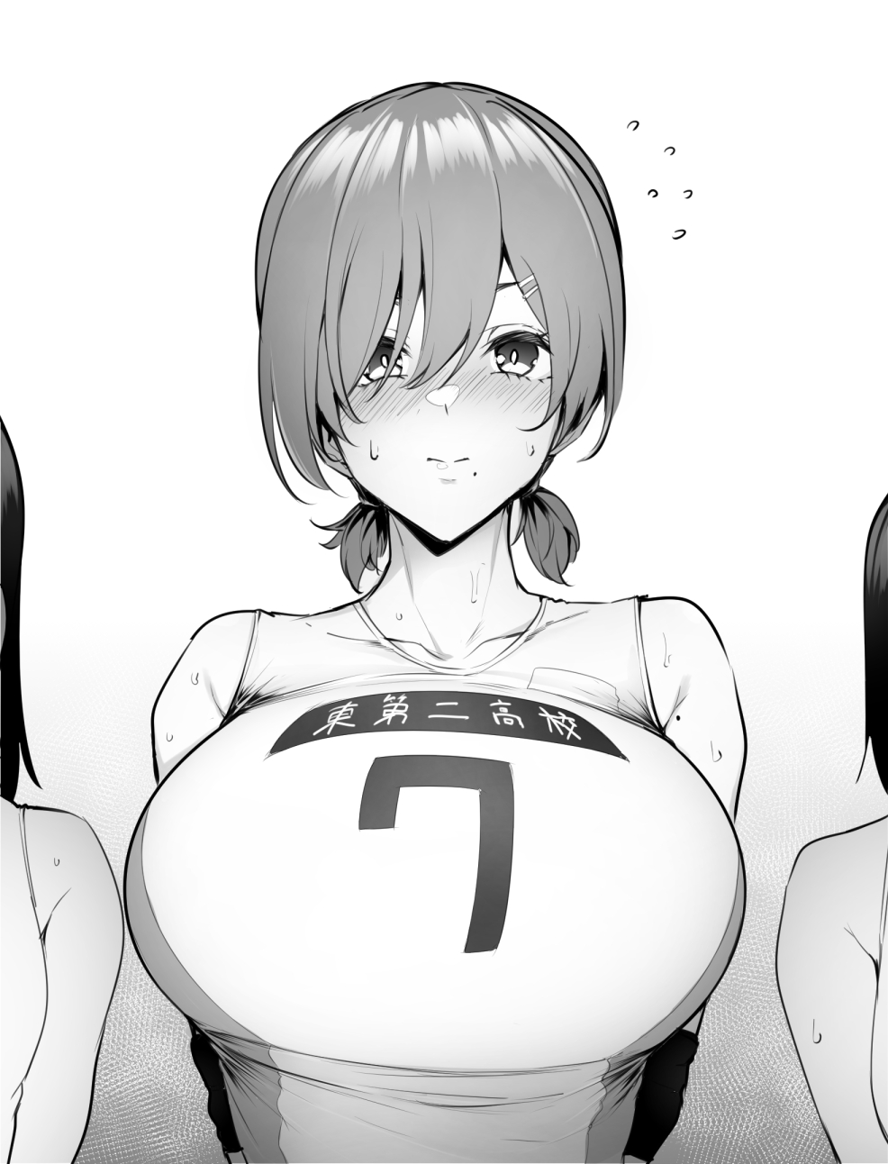 1girl blush breasts collarbone commentary_request eyebrows_behind_hair greyscale hair_ornament hairclip highres large_breasts looking_at_viewer low_twintails mole mole_on_armpit mole_under_mouth monochrome original short_hair short_twintails sian solo_focus sportswear sweat twintails upper_body volleyball_uniform