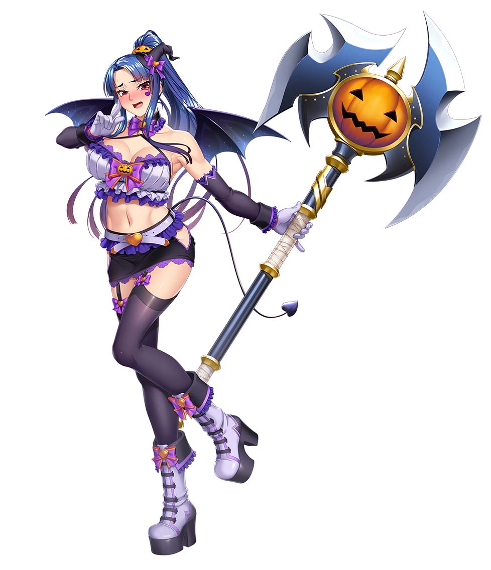 1girl armpits axe bare_shoulders bat_wings battle_axe black_skirt blue_hair blush boots bow bowtie breasts cleavage crop_top detached_sleeves embarrassed frilled_shirt frills full_body garter_straps halloween halloween_costume hat heart high_heel_boots high_heels kagami_hirotaka lace-trimmed_skirt lace_trim large_breasts long_hair looking_at_viewer navel official_art ponytail pumpkin red_eyes shirt sidelocks skirt solo strapless taimanin_(series) taimanin_asagi taimanin_rpgx thighhighs tube_top weapon wings witch_hat yatsu_murasaki