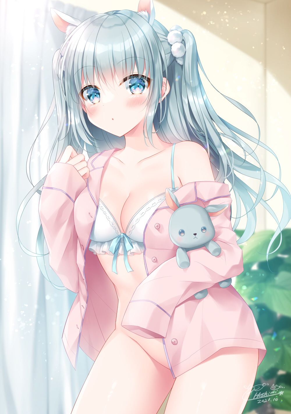 1girl :o animal_ear_fluff animal_ears bare_shoulders blue_eyes blush bow bow_bra bra breasts cleavage collarbone commentary_request cowboy_shot curtains dated grey_hair groin highres indoors kohinata_hoshimi long_hair looking_at_viewer no_panties object_hug off_shoulder open_clothes open_shirt original pajamas parted_lips pink_pajamas pink_shirt rabbit_ears shirt signature small_breasts solo standing stuffed_animal stuffed_bunny stuffed_toy two_side_up underwear very_long_hair white_bra