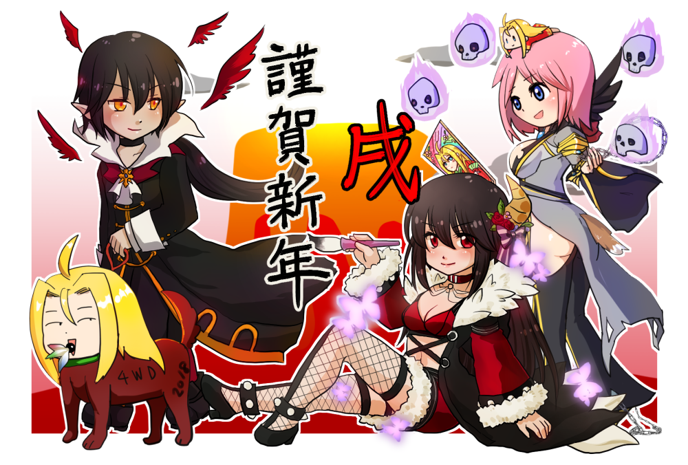 2boys 2girls ahat_(ragnarok_online) ahoge animal_head animalization bangs black_coat black_footwear black_hair black_pants blonde_hair blue_eyes blush breasts chain character_doll choker cleavage coat commentary_request despair_god_morroc detached_sleeves dog doll_on_head eyebrows_visible_through_hair fishnet_legwear fishnets flaming_skull floating_skull full_body fur-trimmed_skirt fur-trimmed_sleeves fur_coat fur_trim grey_coat hair_between_eyes halter_top halterneck high_heels holding holding_drawing holding_paintbrush horns long_hair long_sleeves manoji medium_breasts miniskirt multiple_boys multiple_girls official_alternate_costume orange_eyes paintbrush pants pink_hair pointy_ears ragnarok_online red_eyes red_feathers red_skirt red_sleeves red_sports_bra shadow_chaser_(ragnarok_online) shirt short_hair side_slit skirt sports_bra suspenders thighhighs warlock_(ragnarok_online) white_shirt