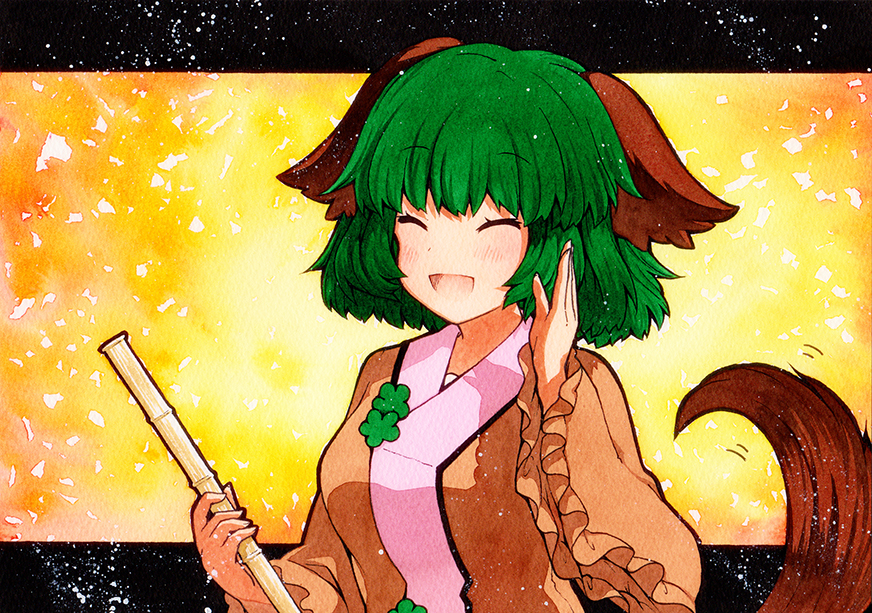 1girl ;d animal_ears arm_up bamboo_broom breasts broom closed_eyes dog_ears eyebrows_visible_through_hair facing_viewer forest green_background green_hair holding holding_broom kasodani_kyouko nature one_eye_closed open_mouth qqqrinkappp small_breasts smile solo touhou traditional_media wide_sleeves yellow_background