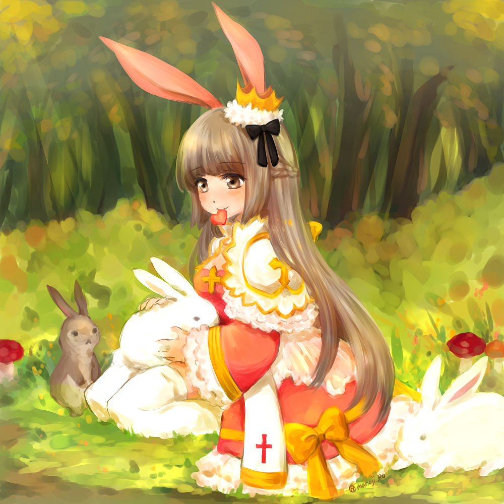 1girl animal_ears arch_bishop_(ragnarok_online) black_bow blush bow breasts brown_eyes brown_hair bunny bush cleavage_cutout closed_mouth clothing_cutout commentary_request crown dress dress_bow forest frilled_dress frilled_sleeves frills full_body grass hair_bow heart heart_in_mouth long_hair manoji medium_breasts nature official_alternate_costume petting rabbit_ears ragnarok_online red_dress sash seiza signature sitting smile solo thighhighs two-tone_dress white_dress white_legwear yellow_bow yellow_sash