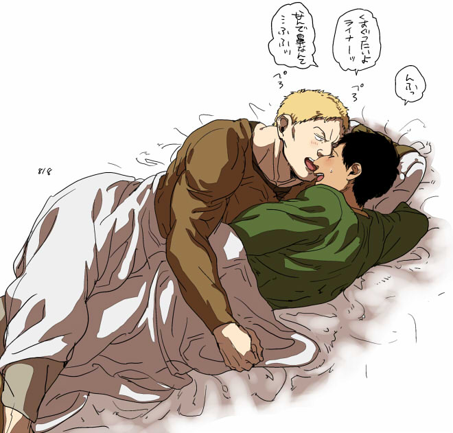 2boys bertolt_hoover black_hair blonde_hair blush borrowed_garments casual couple dark-skinned_male dark_skin from_above green_shirt imminent_kiss licking licking_another's_face licking_nose lying male_focus multiple_boys on_bed on_side reiner_braun shingeki_no_kyojin shirt short_hair toned toned_male translation_request zyunya