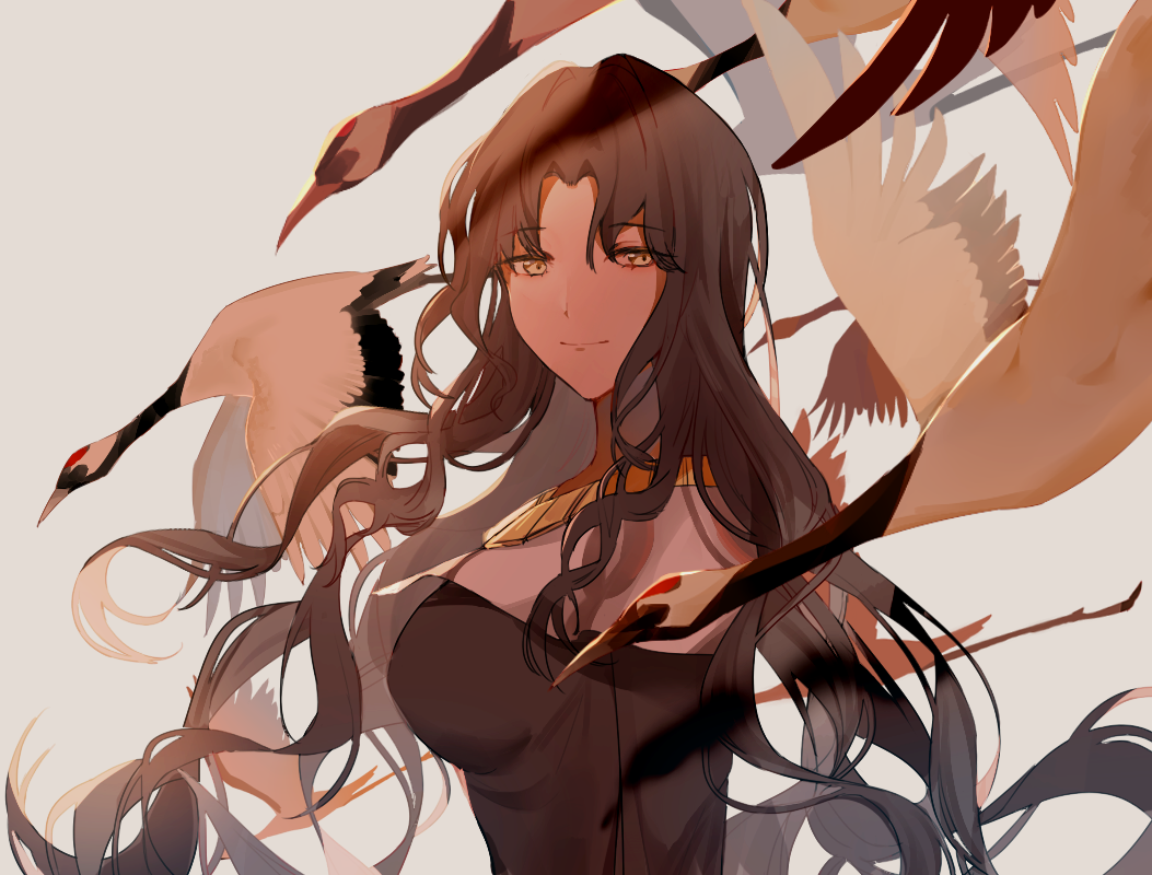 1girl bangs bird black_dress black_hair closed_mouth dress eyebrows_visible_through_hair fate/extra fate/extra_ccc fate/grand_order fate_(series) from_side habit jewelry long_hair looking_at_viewer necklace parted_bangs sesshouin_kiara smile solo upper_body white_background yellow_eyes yoru_yoru13