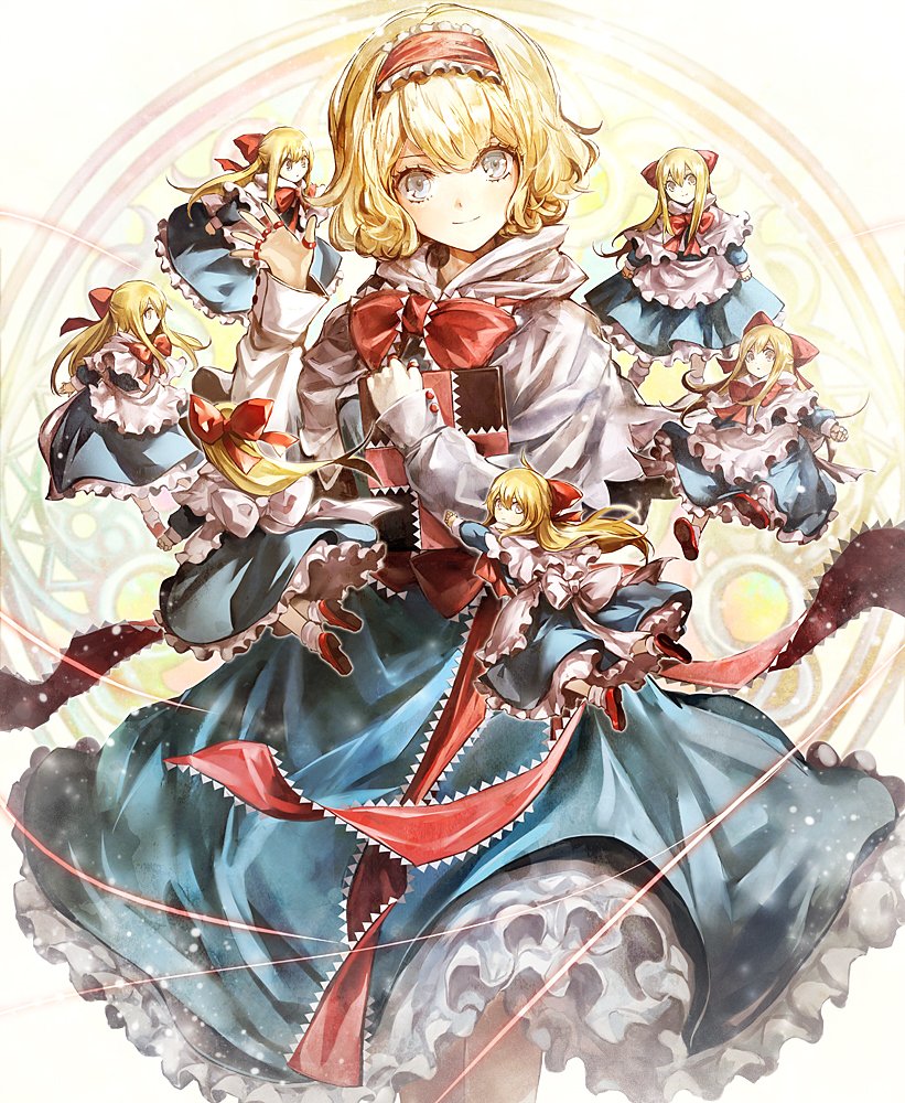 1girl alice_margatroid apron arm_up bangs banned_artist blonde_hair blue_dress blue_eyes blush book bow buttons commentary_request doll doll_joints dress frilled_apron frilled_dress frilled_hairband frilled_ribbon frills grimoire_of_alice hairband holding holding_book hood joints kozou_(soumuden) lolita_hairband long_sleeves looking_at_viewer red_bow red_footwear red_neckwear red_ribbon ribbon shanghai_doll short_hair smile solo standing string touhou upper_body waist_bow white_apron white_legwear white_sleeves wrist_cuffs