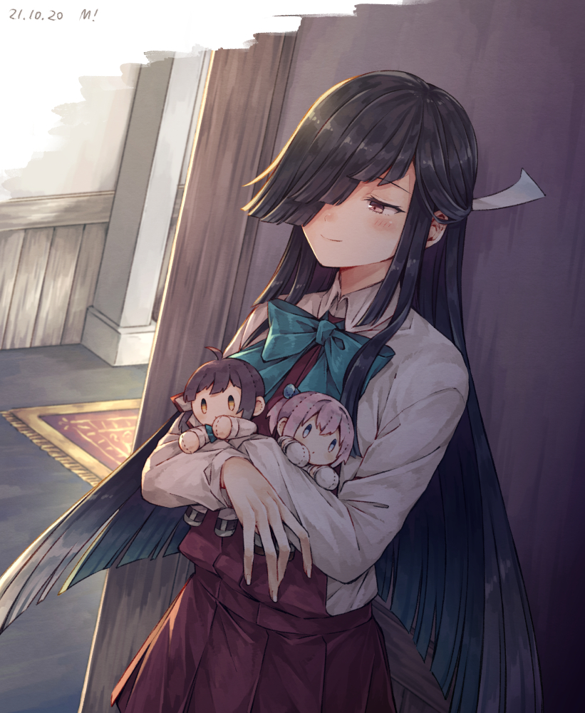 1girl black_hair blue_bow blue_bowtie blush bow bowtie closed_mouth commentary dated doll dress dress_shirt eyebrows_visible_through_hair fujinami_(kancolle) hair_over_one_eye halterneck hayashimo_(kancolle) kantai_collection long_hair long_sleeves miroku_san-ju purple_dress purple_eyes shiranui_(kancolle) shirt signature smile solo white_shirt