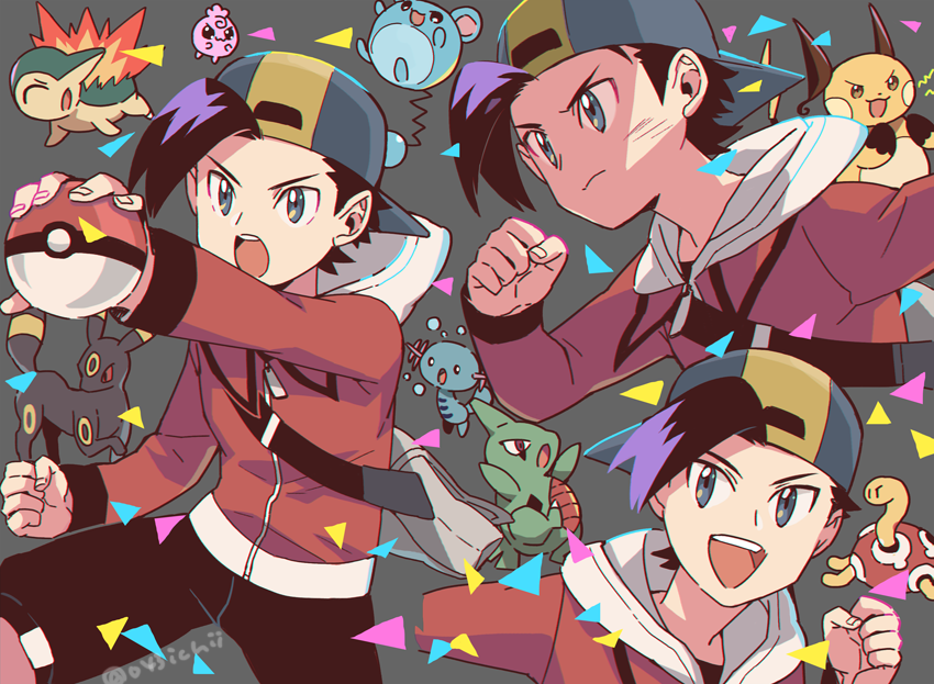 1boy :d backwards_hat bag baseball_cap black_shorts clenched_hand closed_mouth commentary_request cyndaquil ethan_(pokemon) grey_background grey_bag hat holding holding_poke_ball igglybuff jacket larvitar long_sleeves male_focus marill open_mouth poke_ball poke_ball_(basic) pokemon pokemon_(creature) pokemon_(game) pokemon_hgss raichu red_jacket short_hair shorts shuckle smile teeth tongue umbreon upper_teeth wooper xichii