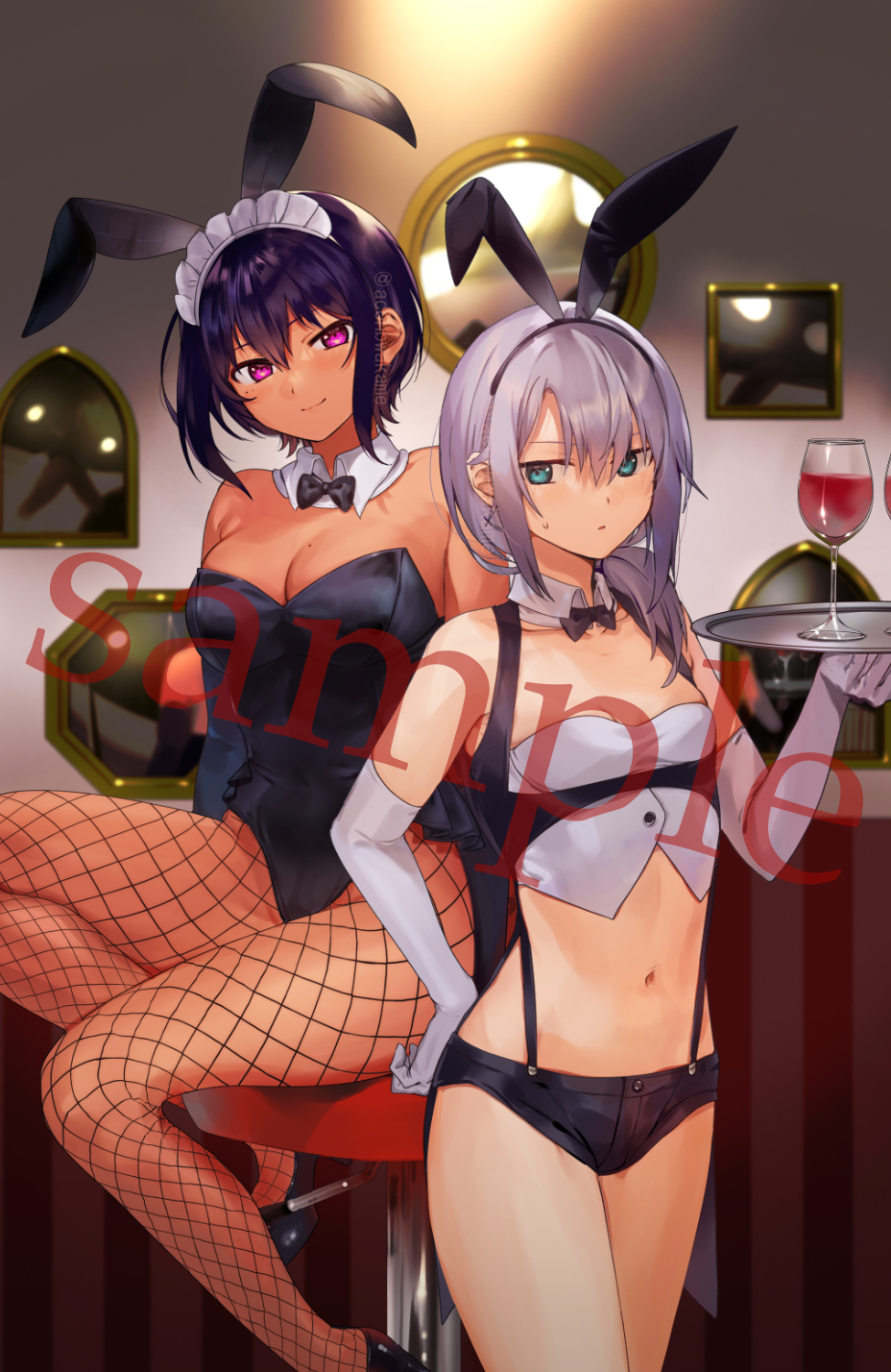 2girls animal_ears black_hair blue_eyes breasts character_request commentary_request dark-skinned_female dark_skin detached_collar elbow_gloves fake_animal_ears fishnet_legwear fishnets gloves highres holding holding_tray konbu_wakame large_breasts leotard lilith_(saikin_yatotta_maid_ga_ayashii) maid_headdress mole mole_on_breast mole_under_eye multiple_girls navel official_art pantyhose playboy_bunny purple_eyes rabbit_ears saikin_yatotta_maid_ga_ayashii sample short_shorts shorts silver_hair suspender_shorts suspenders tray twitter_username watermark white_gloves