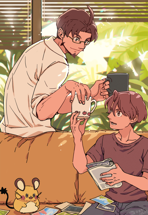 2boys ahoge bangs brown_hair brown_shirt commentary_request couch cup dedenne facial_hair glasses holding holding_cup indoors looking_down lower_teeth male_focus mirror_(pokemon) mug multiple_boys new_pokemon_snap open_mouth parted_bangs photo_(object) pokemon pokemon_(creature) pokemon_(game) semi-rimless_eyewear shirt short_hair short_sleeves sitting t-shirt teeth todd_snap xichii