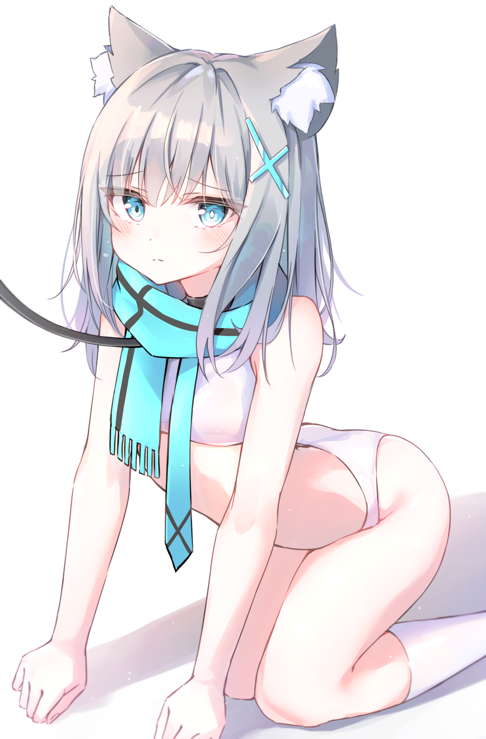 1girl all_fours animal_ear_fluff animal_ears bad_id bad_pixiv_id bangs bare_arms bare_shoulders beliatan blue_archive blue_eyes blue_necktie blue_scarf blush bra cat_ears closed_mouth cross_hair_ornament embarrassed eyebrows_visible_through_hair frown grey_hair hair_between_eyes hair_ornament highres leash long_hair looking_at_viewer mismatched_pupils necktie panties scarf shadow shiroko_(blue_archive) simple_background socks solo striped striped_scarf underwear white_background white_bra white_legwear white_panties