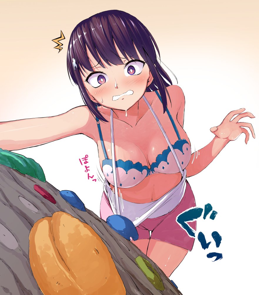 1girl blue_bra blush bra breasts cleavage climbing climbing_wall clothes_pull embarrassed from_above ishizaka_ryuudai iwakakeru!_sport_climbing_girls kasahara_konomi medium_breasts purple_eyes shirt_pull shorts tank_top underwear wardrobe_malfunction white_bra