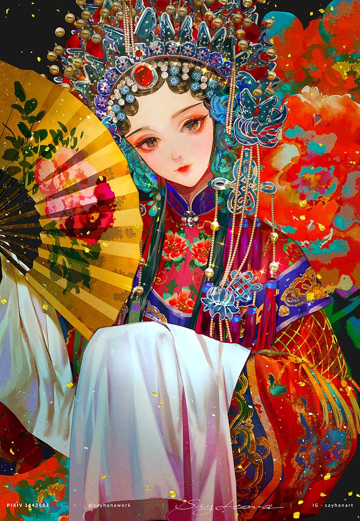 1girl brown_hair chain china_dress chinese_clothes dan dress floral_print flower gem glint hair_ornament hand_fan holding holding_fan knot kuitou long_sleeves looking_at_viewer original peking_opera peony_(flower) red_lips say_hana solo sparkle tassel wide_sleeves