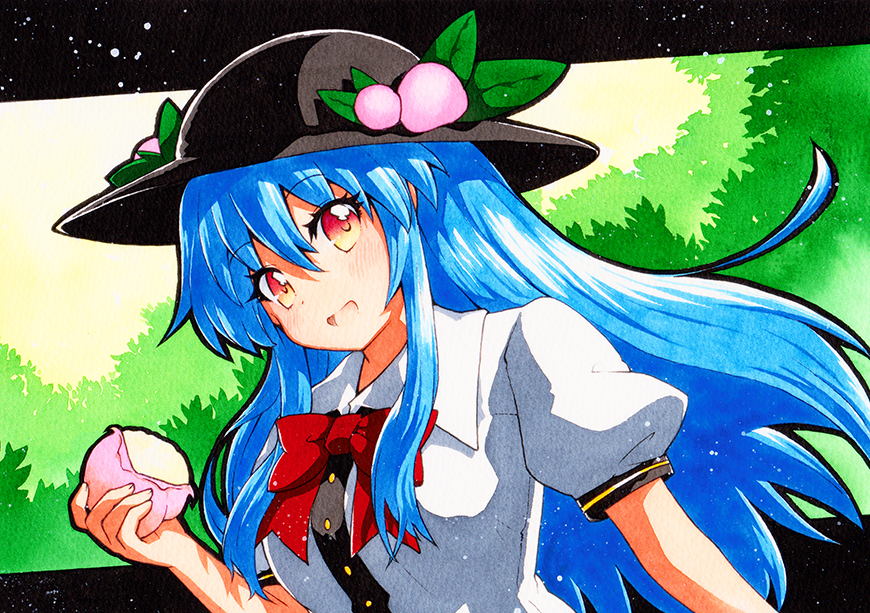 1girl apron black_headwear blouse blue_hair bow bowtie breasts buttons collared_shirt dress_shirt eyebrows_visible_through_hair food frills fruit green_background hat hinanawi_tenshi leaf long_hair looking_at_viewer medium_breasts open_mouth peach puffy_short_sleeves puffy_sleeves qqqrinkappp red_bow red_bowtie red_eyes shirt short_sleeves solo touhou traditional_media upper_body white_shirt wing_collar