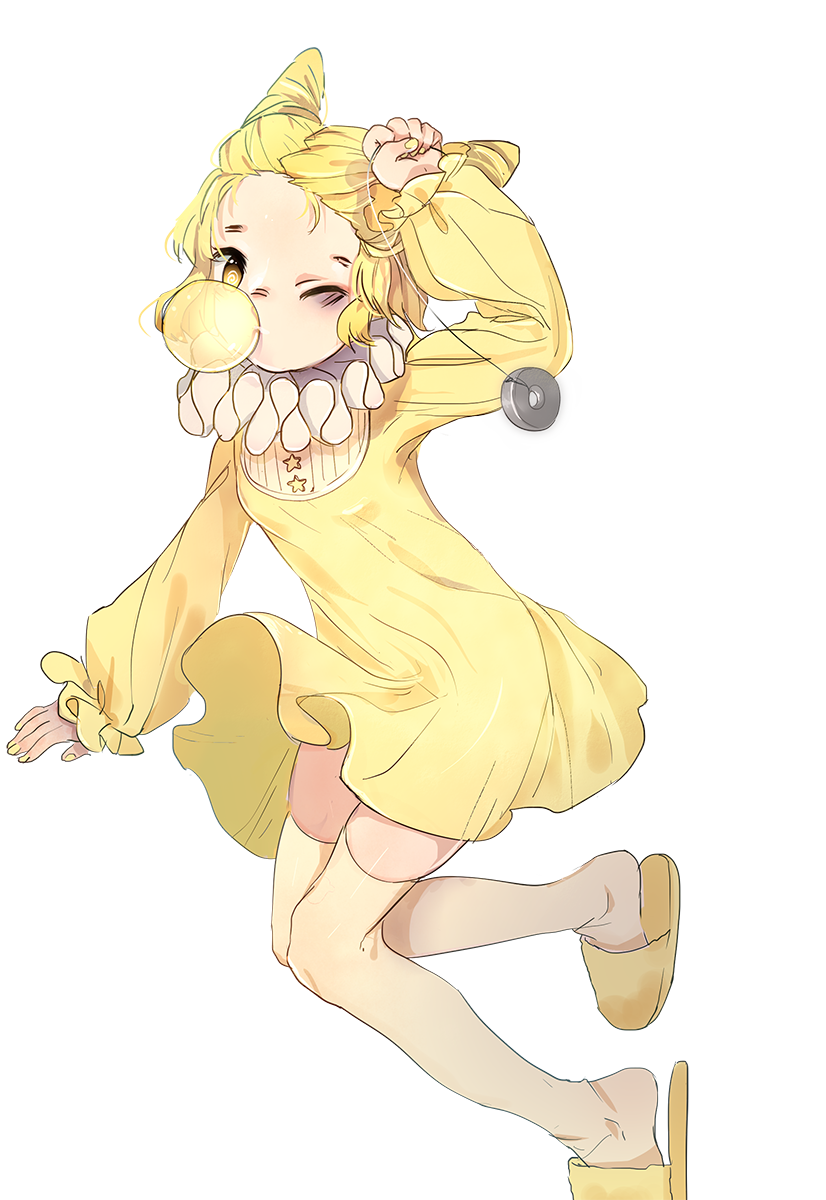 1girl animal_ears bags_under_eyes bbi blonde_hair bubble_blowing chewing_gum commentary_request dress forehead frilled_dress frilled_shirt_collar frilled_sleeves frills hand_up highres hypno long_sleeves nail_polish neck_ruff one_eye_closed pajamas pendulum personification pokemon slippers star_(symbol) tapir_ears thighhighs yellow_dress yellow_eyes yellow_footwear yellow_legwear yellow_nails
