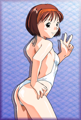 1girl ass bangs black_eyes blush_stickers brown_hair casual_one-piece_swimsuit cowboy_shot drop_shadow feet_out_of_frame hairband halterneck hand_on_hip kayama_tamami looking_at_viewer lowres official_art one-piece_swimsuit photoshop_(medium) short_hair smile solo super_real_mahjong swimsuit tanaka_ryou w white_swimsuit