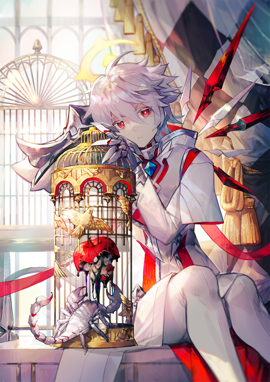 1boy ahoge apple bangs bird cage crescent_halo curtains detached_wings diamond-shaped_pupils diamond_(shape) elsword elsword_(character) expressionless food fruit gauntlets genesis_(elsword) halo highres long_sleeves looking_at_viewer male_focus pants red_eyes scorpion scorpion5050 shirt short_hair sitting solo symbol-shaped_pupils white_hair white_pants white_shirt window wings