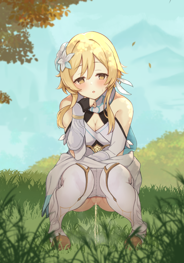 1girl ass autumn_leaves bangs bare_shoulders blonde_hair blue_sky blush breasts cleavage day detached_sleeves dress eyebrows_visible_through_hair falling_leaves field flower full_body genshin_impact gloves grass hair_flower hair_ornament knees_together_feet_apart leaf looking_at_viewer lumine_(genshin_impact) medium_breasts metaring mountain nature open_mouth outdoors panties panty_pull pee peeing plant pussy shoes short_hair short_hair_with_long_locks sidelocks sky solo squatting steam thighs tree uncensored underwear white_dress white_flower white_panties yellow_eyes