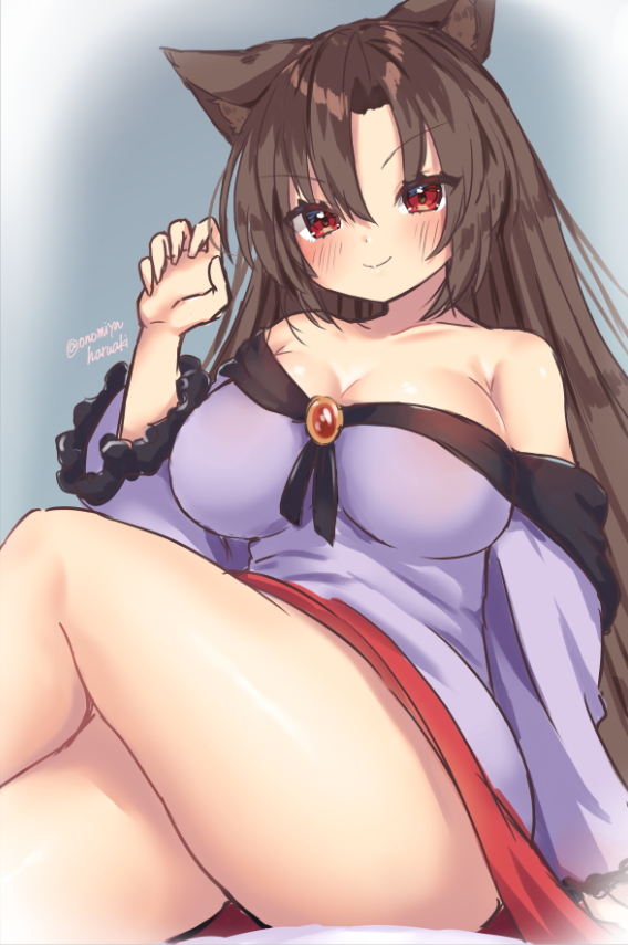 1girl animal_ears blue_shirt blush breasts brown_hair claw_pose cleavage collarbone crossed_legs eyebrows_visible_through_hair feet_out_of_frame imaizumi_kagerou large_breasts long_hair looking_at_viewer off_shoulder one-hour_drawing_challenge onomiya red_eyes shirt smile solo thighs touhou twitter_username v-shaped_eyebrows very_long_hair wolf_ears