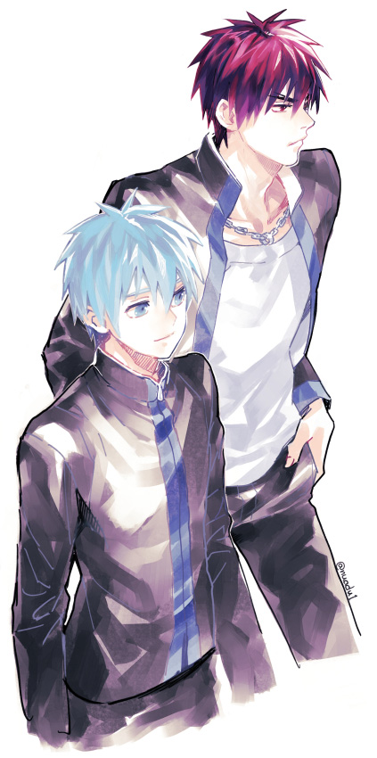 2boys closed_mouth commentary_request frown hand_in_pocket height_difference kagami_taiga kuroko_no_basuke kuroko_tetsuya light_blue_eyes light_blue_hair long_sleeves looking_to_the_side multiple_boys necktie open_clothes pants red_eyes red_hair school_uniform shirt smile torisu white_shirt