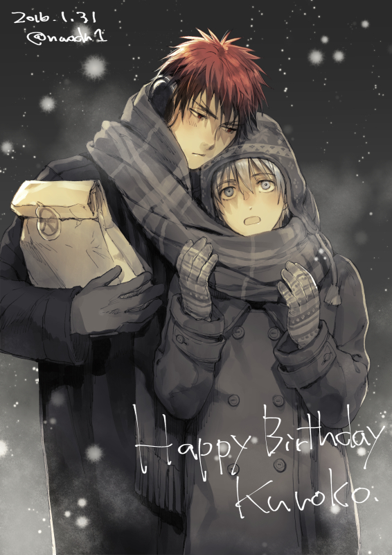 2boys bag blush breath closed_mouth coat commentary_request dated earmuffs gloves happy_birthday hat height_difference kagami_taiga kuroko_no_basuke kuroko_tetsuya light_blue_eyes light_blue_hair long_sleeves looking_at_another male_focus multiple_boys open_mouth paper_bag red_eyes red_hair scarf shared_scarf shopping_bag short_hair torisu winter winter_clothes winter_coat yaoi