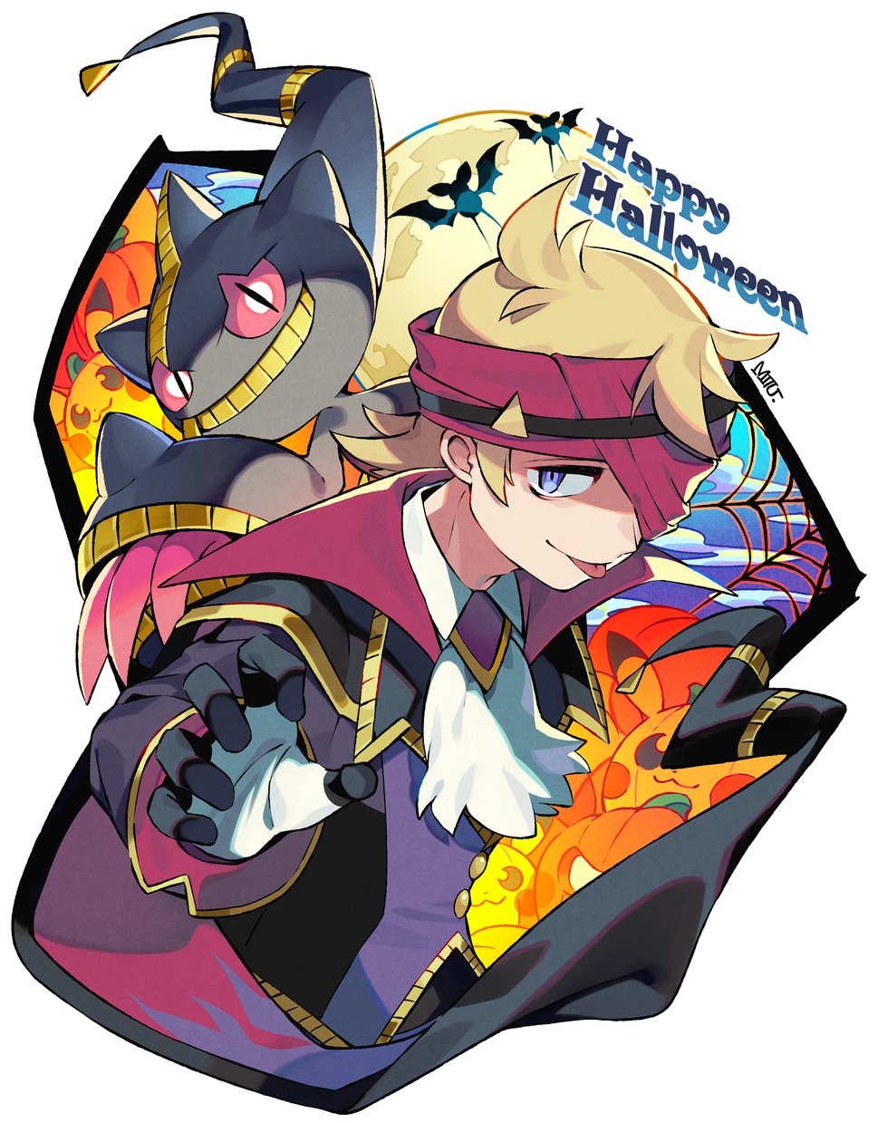 1boy ascot banette blonde_hair blue_eyes buttons cape closed_mouth commentary_request gloves happy_halloween headband highres long_sleeves male_focus mega_banette mega_pokemon mitsu_(mitu_328) morty_(pokemon) official_alternate_costume pikachu pokemon pokemon_(creature) pokemon_(game) pokemon_masters_ex pumpkin purple_headband short_hair signature silk smile spider_web tongue tongue_out white_ascot zubat