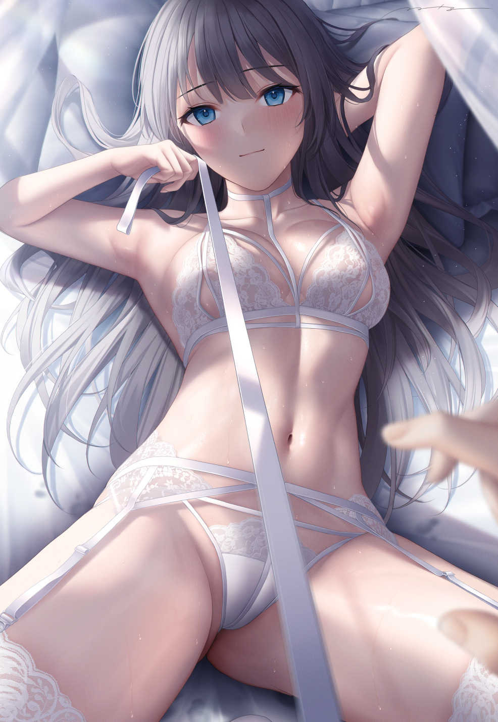 1girl arm_behind_head armpits bangs bare_arms black_hair blue_eyes blush bra breasts closed_mouth commentary eyebrows_visible_through_hair garter_belt highres holding holding_leash large_breasts leash lingerie long_hair looking_at_viewer lying mhru navel on_back on_bed original panties pillow pov pov_hands solo_focus stomach sweat symbol-only_commentary thighhighs underwear underwear_only viewer_on_leash white_bra white_legwear white_panties