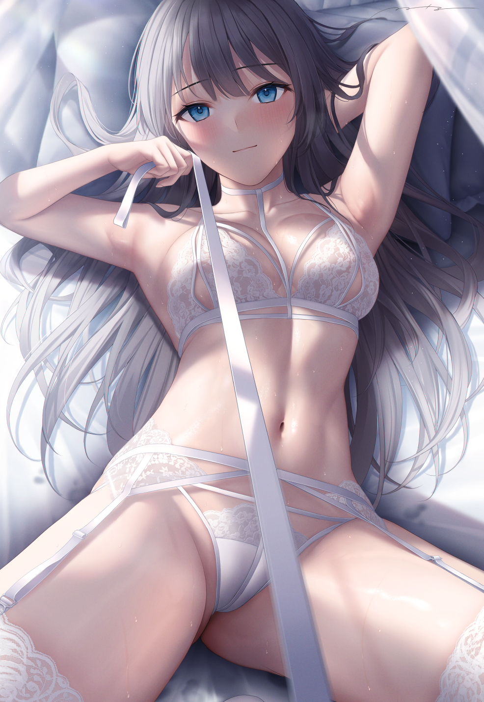 1girl arm_behind_head armpits bangs bare_arms black_hair blue_eyes blush bra breasts closed_mouth commentary eyebrows_visible_through_hair garter_belt highres holding holding_leash large_breasts leash lingerie long_hair looking_at_viewer lying mhru navel on_back on_bed original panties pillow pov solo stomach sweat symbol-only_commentary thighhighs underwear underwear_only viewer_on_leash white_bra white_legwear white_panties
