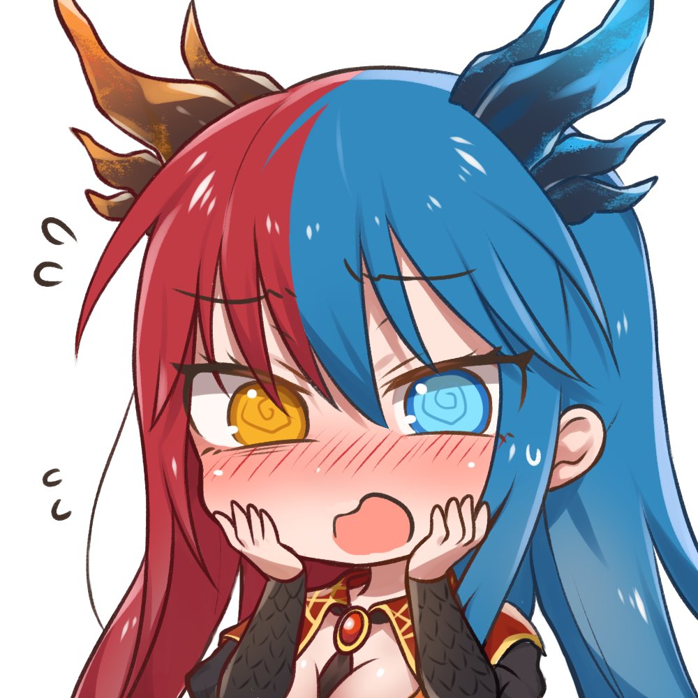 1girl @_@ bangs blue_eyes blue_hair blue_horns blush breasts bright_pupils chibi cleavage commission commissioner_upload dragon_girl dragon_horns dress embarrassed eyebrows_visible_through_hair gem hands_on_own_face hands_up heterochromia horns inferna_dragnis jewelry large_breasts long_hair long_sleeves looking_at_viewer monster_girl multicolored_hair multicolored_horns necktie open_mouth orange_eyes original pale_skin red_hair red_horns shy solo split-color_hair standing sweat symbol-shaped_pupils transparent_background two-tone_hair usagi1923 white_pupils