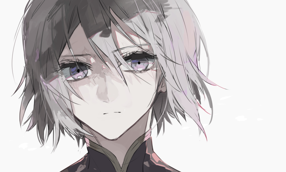 1boy closed_mouth ebanoniwa expressionless fate/grand_order fate_(series) gao_changgong_(fate) grey_hair hair_between_eyes looking_at_viewer male_focus medium_hair portrait purple_eyes simple_background solo white_background