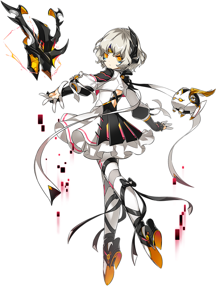 1girl android artist_request backless_outfit black_ribbon bow code:_failess_(elsword) earpiece electricity elsword eve_(elsword) expressionless facial_mark finger_cots floating forehead_jewel frills full_body leg_ribbon looking_at_viewer moby_(elsword) official_art open_hand orange_eyes outstretched_arms pink_trim remy_(elsword) ribbon short_hair silver_hair transparent_background white_ribbon