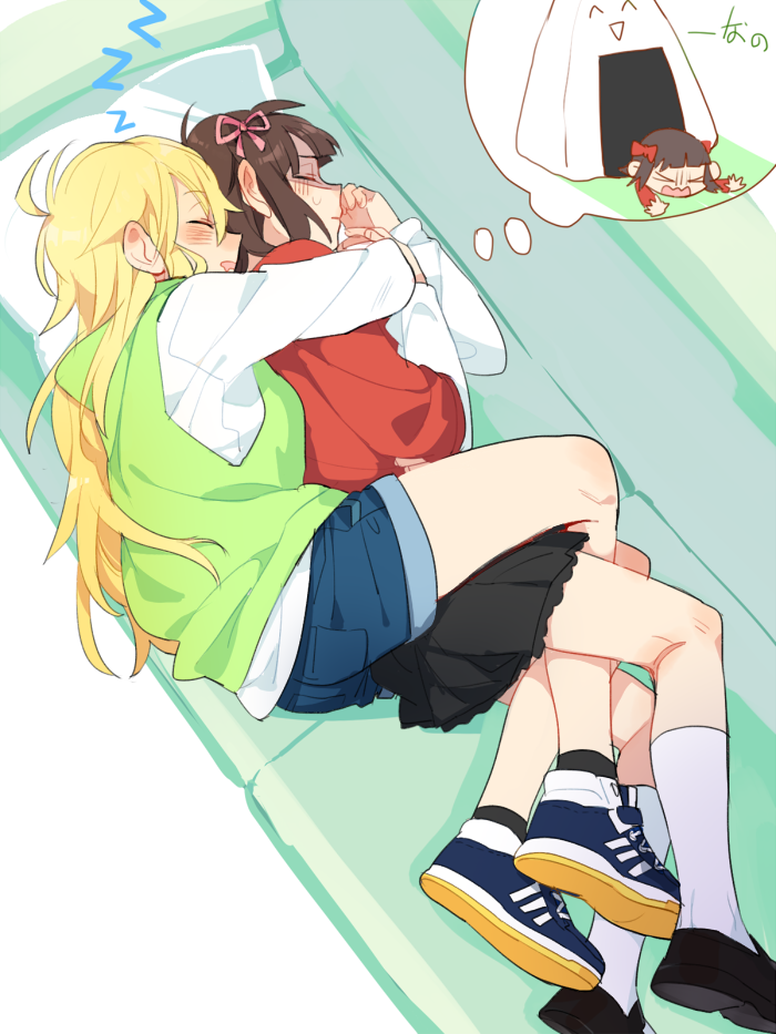 &gt;_&lt; 2girls ^_^ ahoge amami_haruka ankle_socks bangs between_legs between_thighs black_legwear black_skirt blonde_hair blue_footwear blunt_bangs blush bow brown_hair chibi closed_eyes closed_mouth commentary couch cuddling d.y.x. d: denim denim_shorts dreaming drooling dx eyebrows_visible_through_hair facing_viewer food from_above full_body hair_bow hair_ribbon hands_up hood hood_down hoshii_miki hug hug_from_behind idolmaster idolmaster_(classic) indoors kneehighs leg_between_thighs loafers long_hair long_sleeves lying mouth_drool multiple_girls nightmare no_nose on_side on_stomach onigiri open_hands open_mouth oversized_food parted_lips pillow pink_ribbon pleated_skirt profile red_bow ribbon shaded_face shoe_soles shoes short_hair shorts skirt sleeping smile sneakers socks spooning sweat thought_bubble turn_pale two-tone_footwear wavy_mouth white_legwear yuri zzz