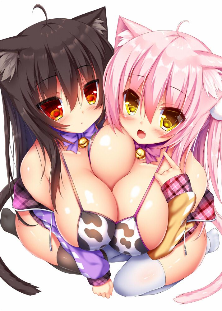 2girls :d :o ahoge animal_ear_fluff animal_ears animal_print bell bikini bikini_top black_legwear blush breast_press breasts brown_hair cat_ears cat_girl cat_tail cow_print fang jacket large_breasts long_hair mia_flatpaddy multiple_girls neck_bell open_clothes open_jacket open_mouth oppai_loli original pink_hair plaid red_eyes seiza shia_flatpaddy sitting slit_pupils smile swimsuit symmetrical_docking syroh tail thighhighs very_long_hair white_legwear