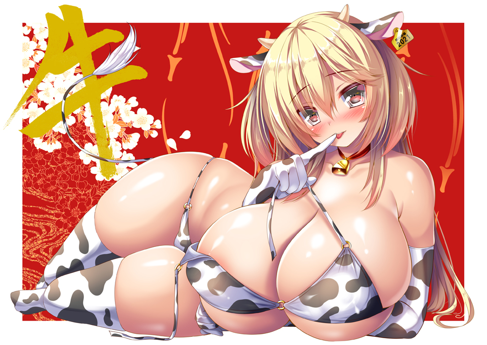 1girl animal_ears animal_print areola_slip areolae bell bikini blonde_hair breasts chinese_zodiac choker cow_ears cow_girl cow_horns cow_print curvy ear_tag elbow_gloves elbow_rest eyebrows_visible_through_hair flower gloves horns huge_breasts licking licking_finger long_hair lying micro_bikini neck_bell o-ring o-ring_bikini on_side original solo swimsuit syroh thighhighs untied untied_bikini wide_hips year_of_the_ox yellow_eyes