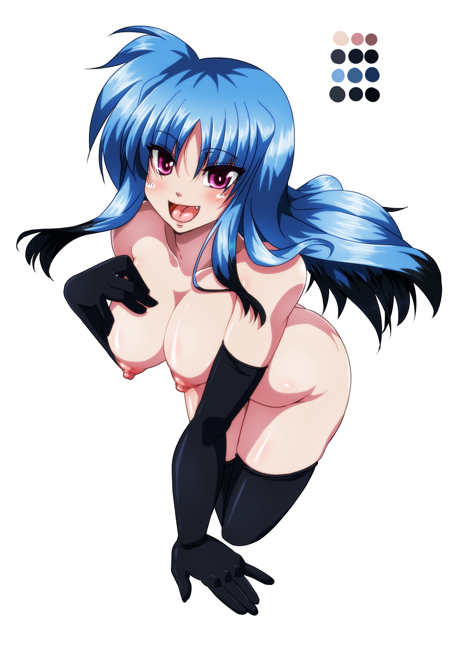 1girl bangs blue_hair blush breasts color_guide cropped_legs elbow_gloves eyebrows_visible_through_hair fang gloves highres leaning_forward long_hair looking_at_viewer lyrical_nanoha mahou_shoujo_lyrical_nanoha mahou_shoujo_lyrical_nanoha_a's mahou_shoujo_lyrical_nanoha_a's_portable:_the_battle_of_aces material-l medium_breasts multicolored_hair nipples nude open_mouth purple_eyes solo tappa_(esperanza) thighhighs two-tone_hair white_background