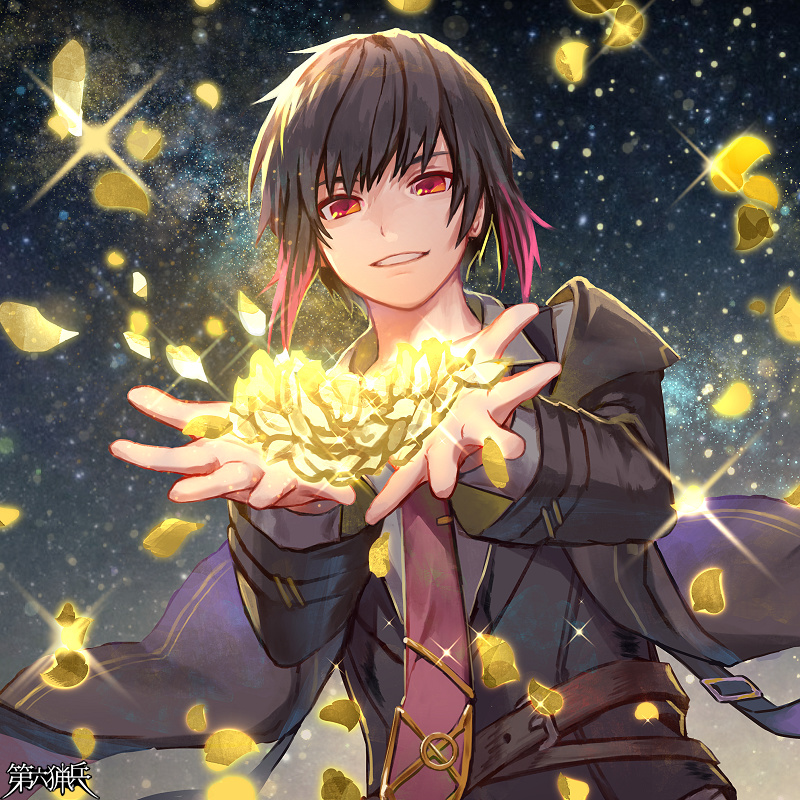 1boy black_hair brown_eyes character_request coat commentary_request dairoku_ryouhei flower golden_rose hands_up multicolored_hair necktie night official_art penguu_(green528) petals red_hair rose shirt smile starry_background streaked_hair wind