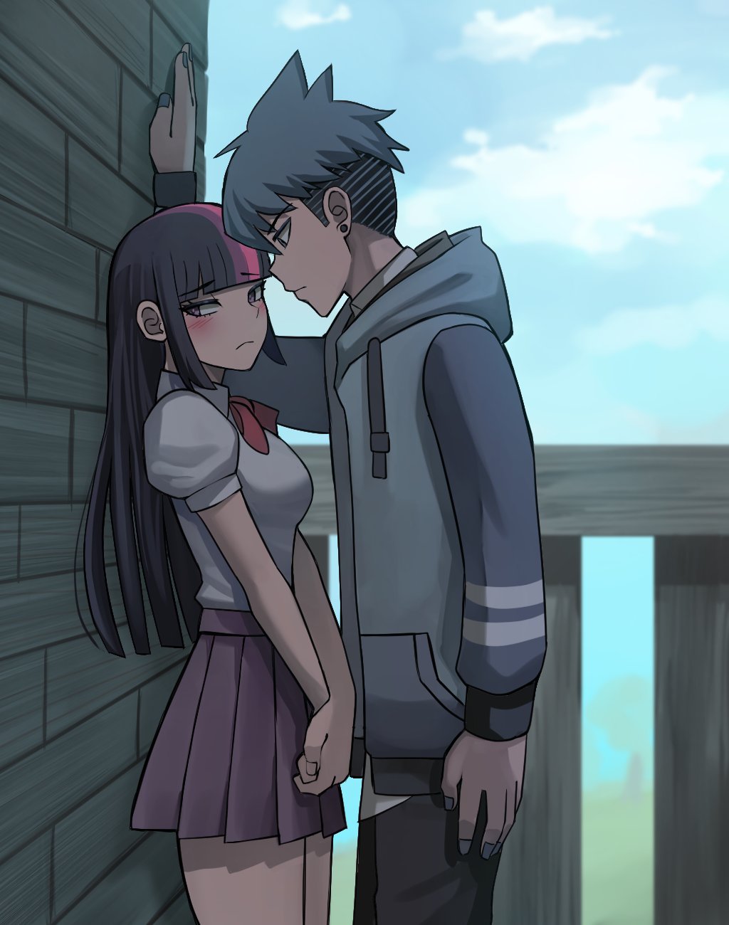 1boy 1girl black_hair blue_hair blue_hoodie blue_nails blue_sky blush cloud ear_piercing hand_on_wall height_difference highres hood hoodie jourd4n kabedon long_hair looking_at_another looking_to_the_side meme mordecai_(regular_show) mordetwi_(meme) multicolored_hair my_little_pony my_little_pony_friendship_is_magic nail_polish necktie own_hands_clasped own_hands_together piercing pink_hair purple_skirt regular_show school_uniform shirt short_hair shy skirt sky spiked_hair twilight_sparkle white_shirt