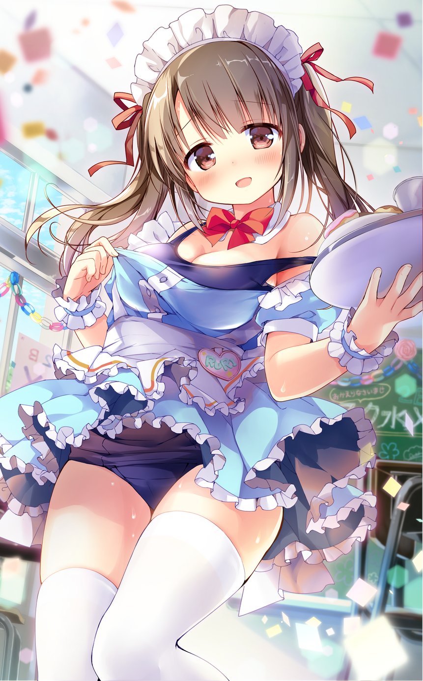 1girl :d apron bangs blue_dress blue_sky blush breasts brown_eyes brown_hair chair chalkboard classroom cleavage coffee_cup commentary_request confetti cup desk detached_collar disposable_cup dress eyebrows_visible_through_hair frilled_skirt frills highres holding holding_tray indoors long_hair looking_at_viewer maid maid_apron maid_headdress medium_breasts nagayama_yuunon one-piece_swimsuit open_mouth original paper_chain pastry plate red_neckwear school_chair school_desk school_uniform skirt sky smile solo standing swimsuit swimsuit_under_clothes thighhighs tray white_legwear window